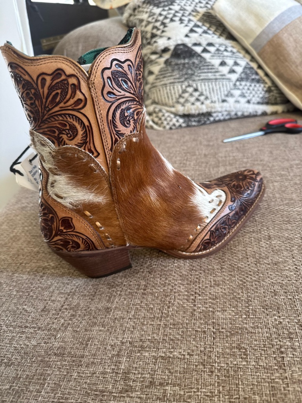 Myra Bag Brown & White Cowhide Tooled Leather Ankle Boots 8 - Picture 2 of 11